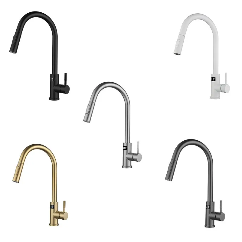 المطبخ المصقول الفولاذ المقاوم للصدأ الساخن والبارد الدورية سحب التدريجي ذكي مع شاشة ديجيتال الخضار حوض بالوعة بالوعة الحنفية