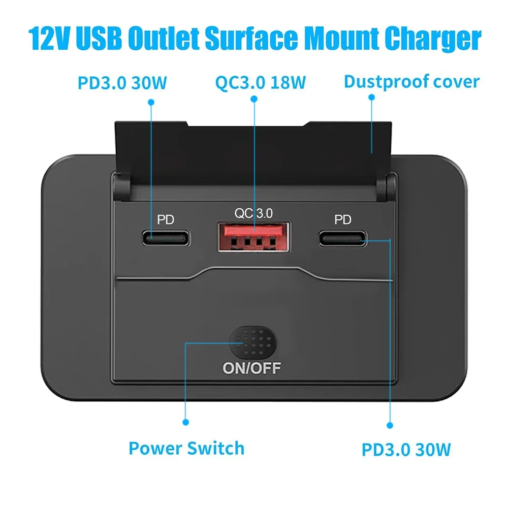 78W 12V USB Outlet Dual PD3.0 60W & QC3.0 18W Car Charger Socket Adapter with Voltage Switch for Car RV Bus Marine Boat Truck