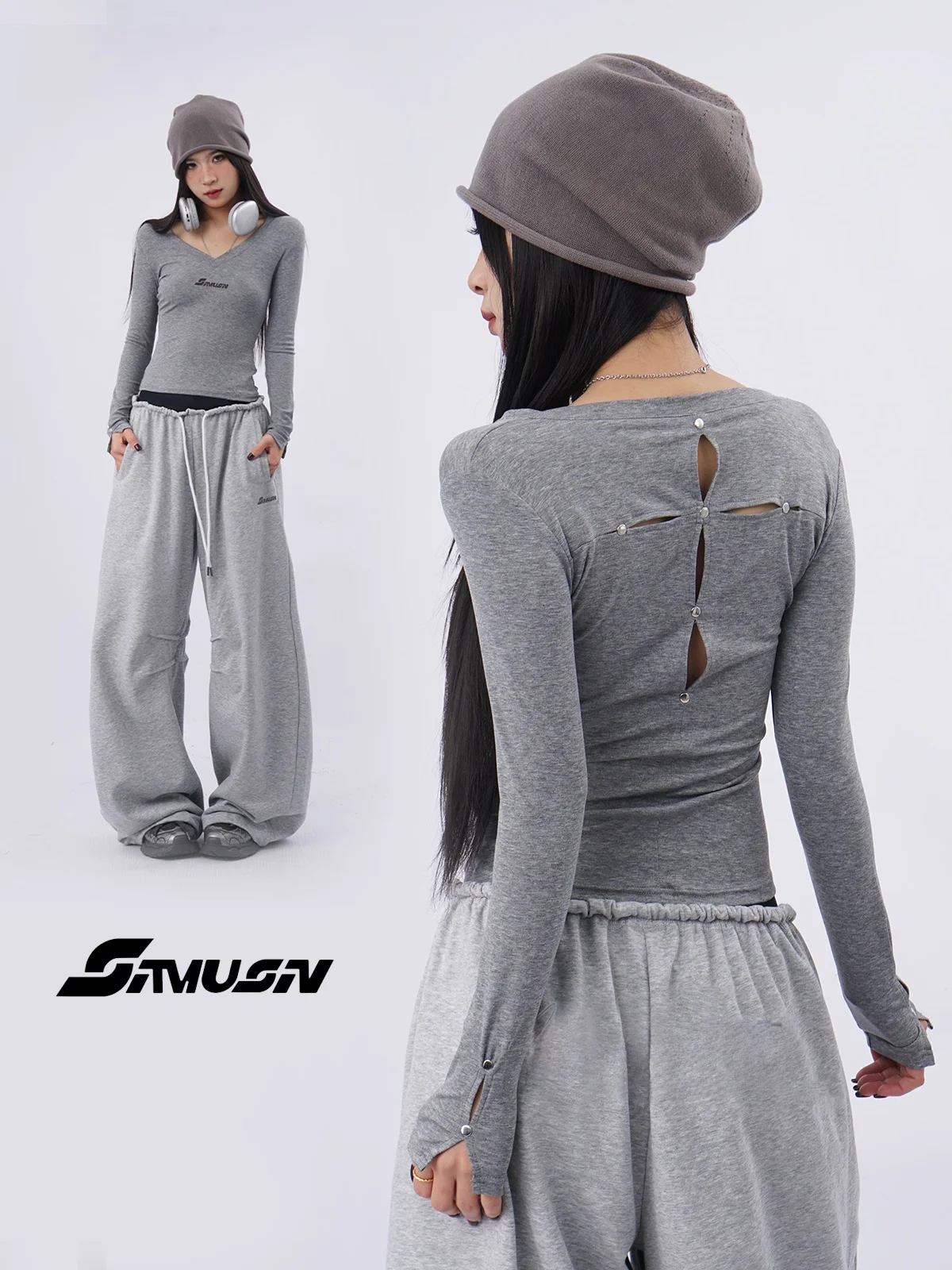 

Женский модный топ Slim Fit с длинным рукавом, вырезом на спине и эластичным дизайном, серый, для джазовых танцев, весна 2026
