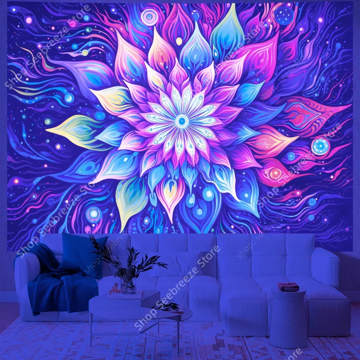 

Lotus Mandala UV Reactive Tapestry Vibrant Pink Purple Spiritual Meditation Boho Bedroom Decor Serene Yoga Zen Durable Wall Art