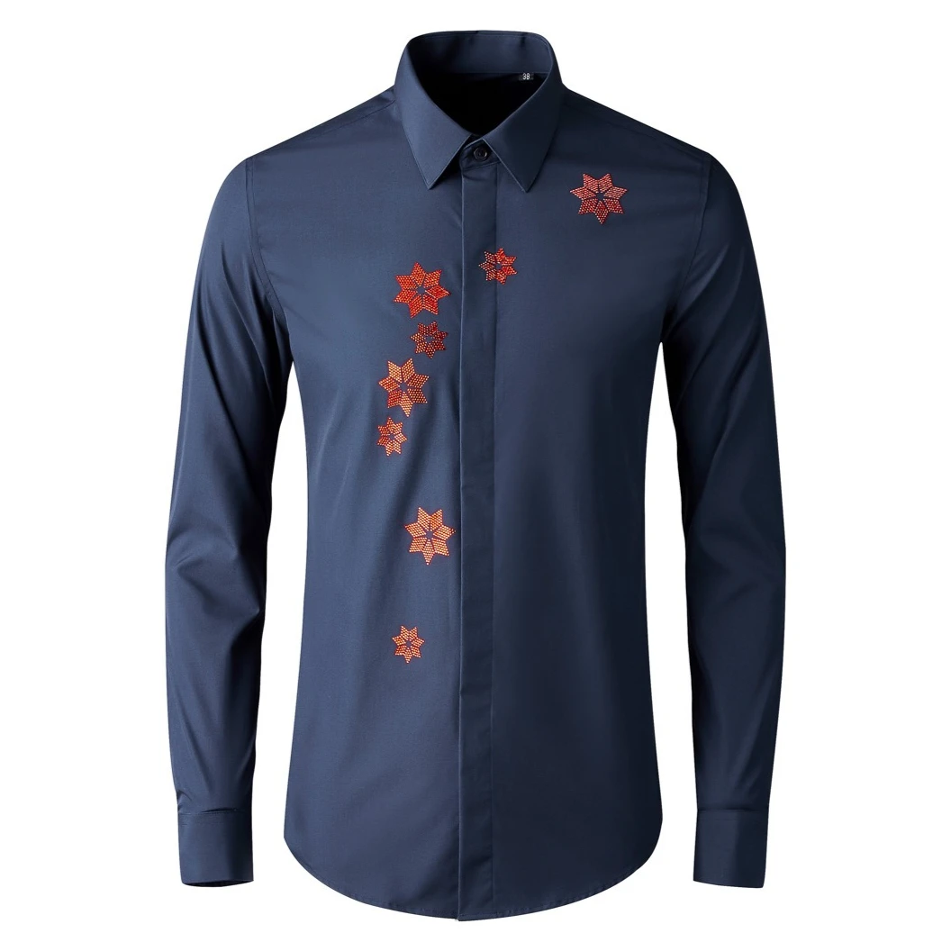 New Star Rhinestone Long Sleeve Shirts Men Slim Fit Casual Business Dress Shirt Fashion Banquet Stage Party Performance Costumes
