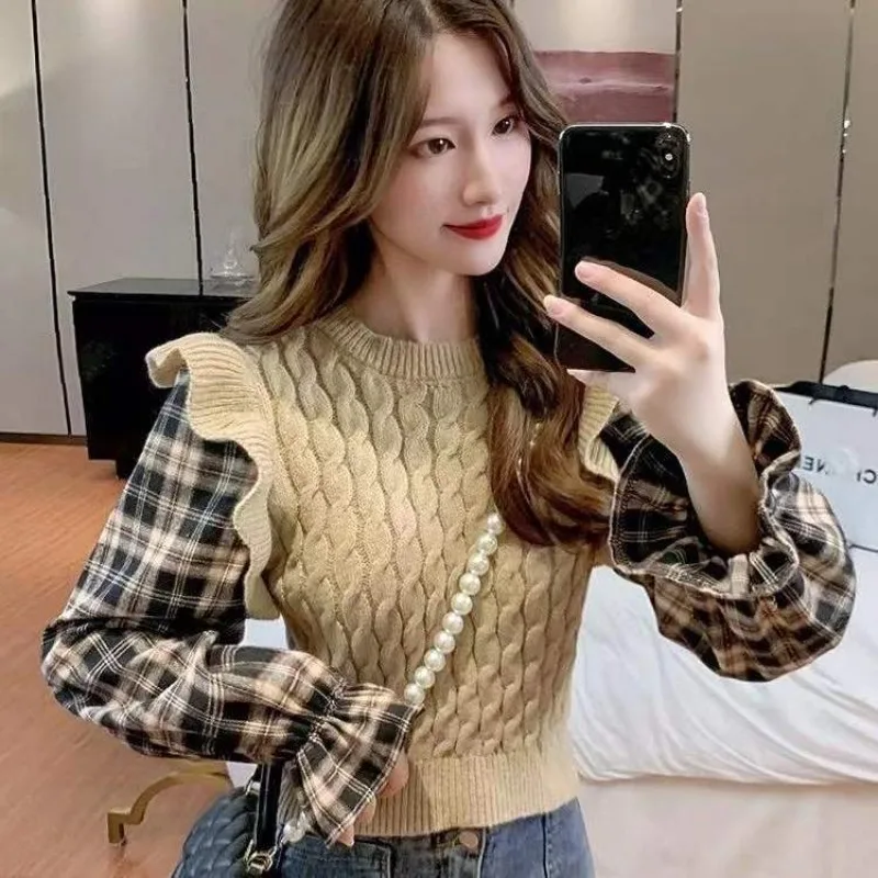 

Blouse Women's Spring/Fall Long Sleeve Patchwork Faux Two-Piece Slim Fit Flattering Silhouette Ruffled Hem Knit New Niche Casual