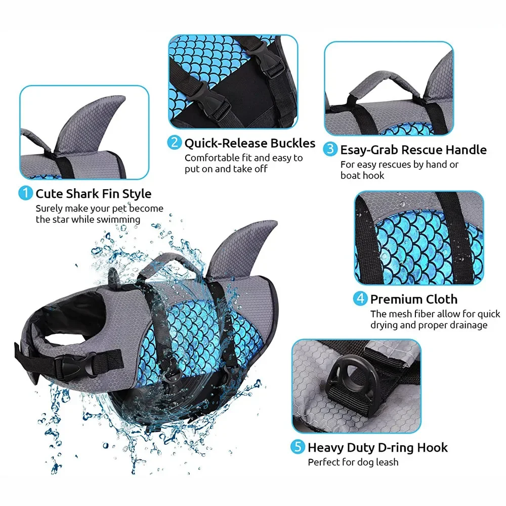 Dog Life Jacket Shark Pets Life Vest Adjustable Ripstop Dogs Swimming Safety Vest With Superior Buoyancy Rescue Handle For Dogs