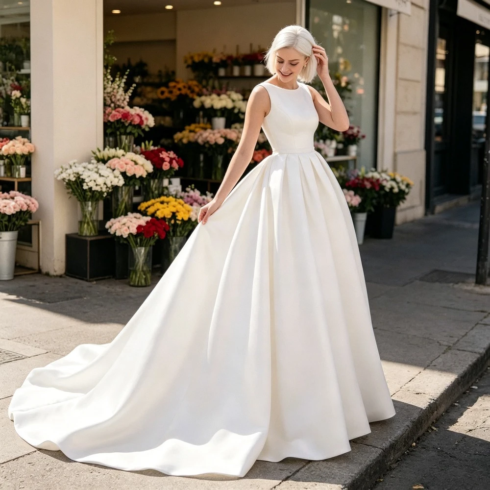 Customized 2026 Round Neck Sleeveless Satin Wedding Dress Simple Square Backless Ruffled Edges and Beaded Waistband for Brides