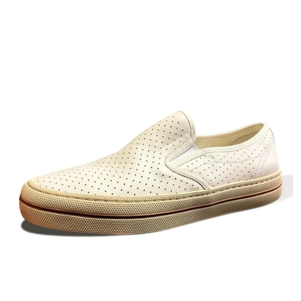 White-painted perforated leather ankle-high casual shoes with retro rubber sole - suitable for daily commuting.