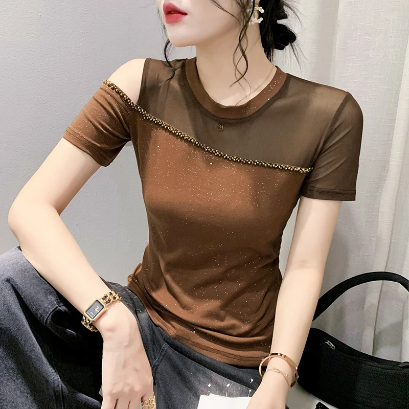 

2023 Summer European Clothes Thin T-Shirt Chic Sexy Off Shoulder O-Neck Patchwork Mesh Shiny Women Tops Short Sleeve Tees 34189