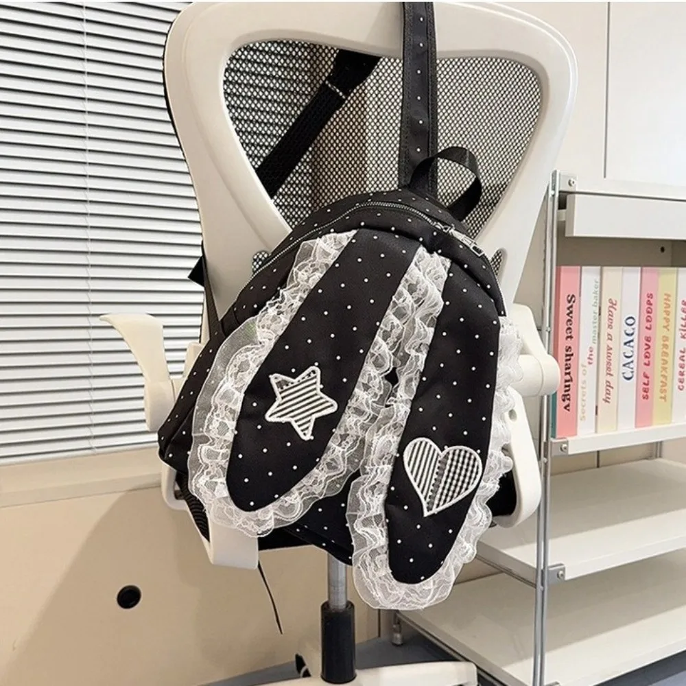 Cute Star Bunny Ear Backpack Love Heart Lace Rabbit Ear School Bag Korean Style Nylon Polka Dot Backpack Outdoor