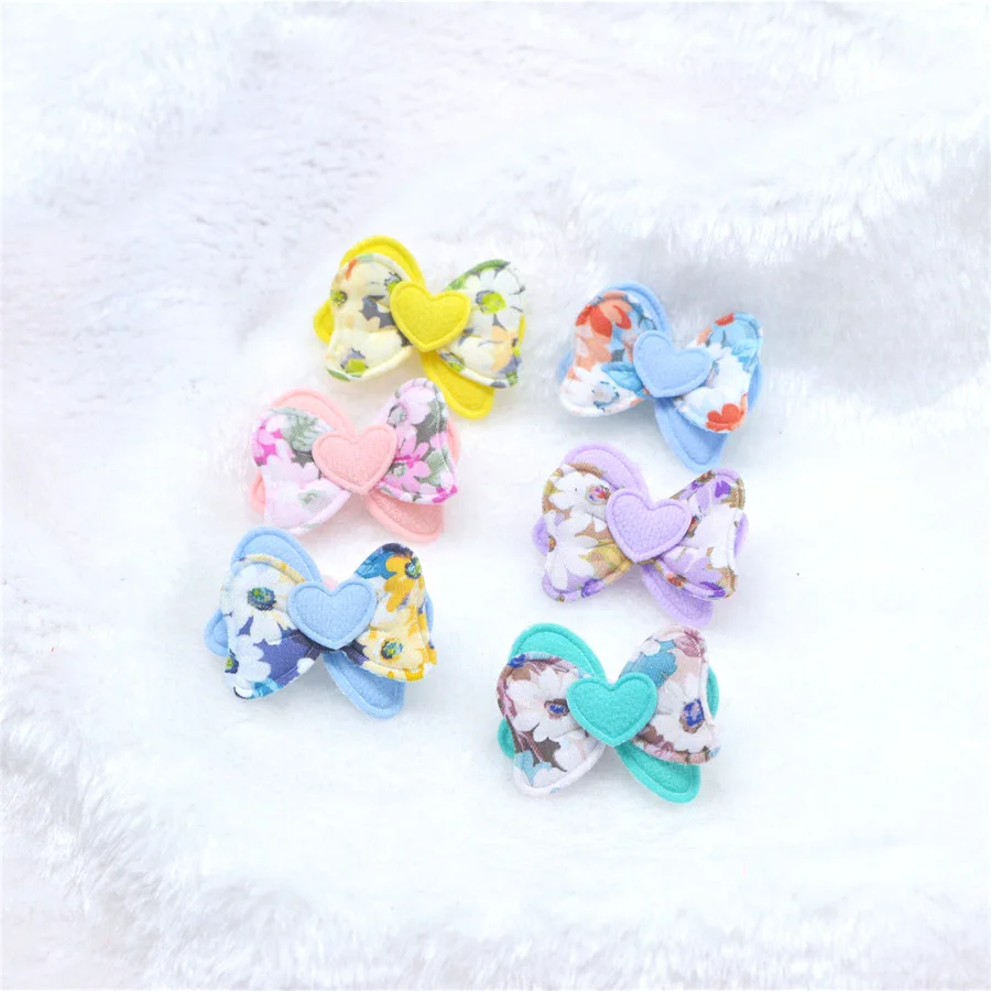 20Pcs/Lot 3*4CM Print Flower Fabric Bow Padded Appliques For DIY Handmade Children Hair Clip Accessories Clothes Patches New