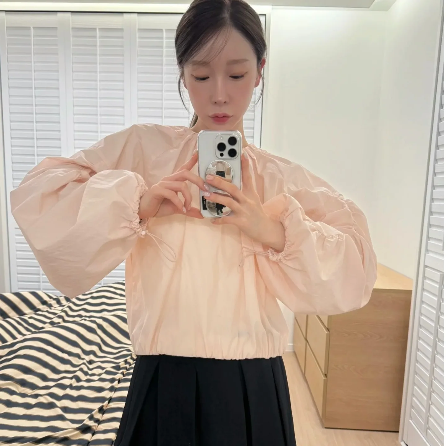 Sweet Pink Bubble Sleeve Loose Long Sleeve Shirt Women's Soft Style Versatile Comfortable Fit Fashionable Casual Shirt