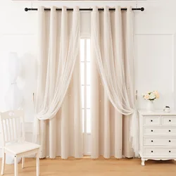 1PC Beige Stars Hollow Out Perforated Curtains, Living Room Bedroom Blackout Decorative Curtains, Double Curtains