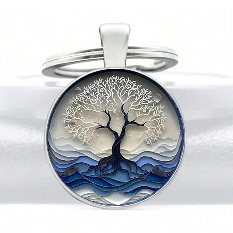 Vintage Tree of Life Moonlight Sky and Star Themed Round Glass Pendant Keychain