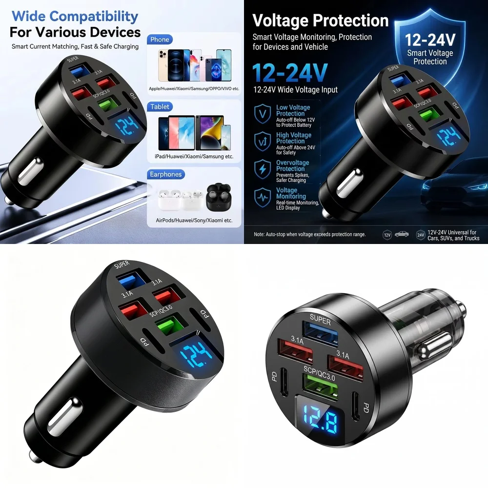 Multi Port 6 Port Car Fast Charger 100W with LED Digital Voltage Display QC3.0 PD USB Adapter for iPhone Samsung iPad Xiaomi