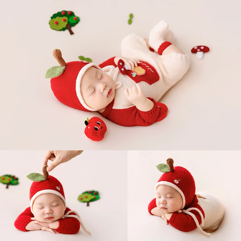 Sweet Apple Fruit Newborn Photography Outfit Soft Knitted Romper Hat Socks Infant Shooting Costume Studio Photo Accessories