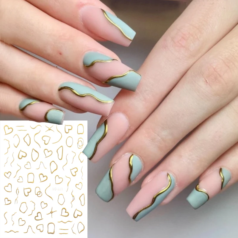 Gold Stripe Lines Nail Stickers Holographic Love Heart Sliders for Nails Swirls Cruved Wave Decals Manicure Decoration Stickers