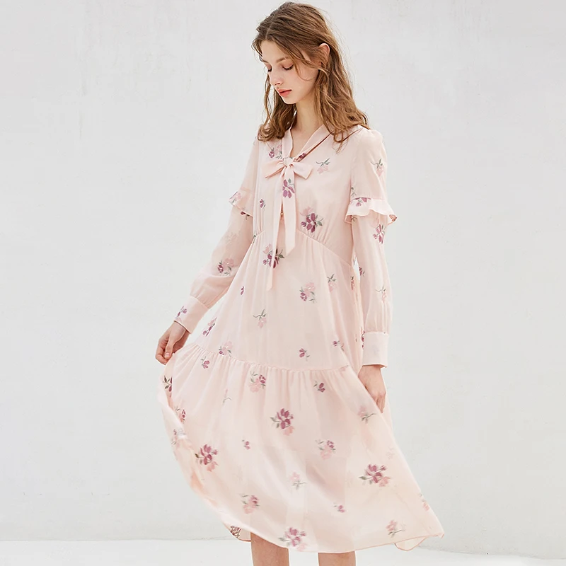 OLrain Womens Dresses Embroidered Autumn 2025 New Chiffon Long Sleeve Ruffles Party Elegant Bow V-Neck A-line Dress 9CLC18063