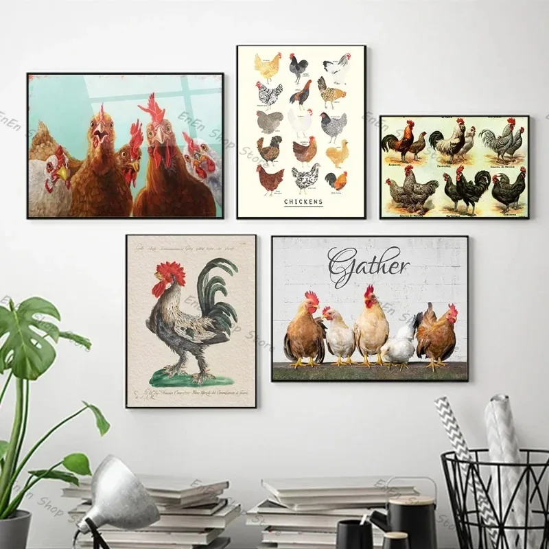 Chickens Type Poster Prints Animals Poultry Hen Cockerel Chicks Canvas Painting Modern Wall Art Picture for Farmhouse Home Decor