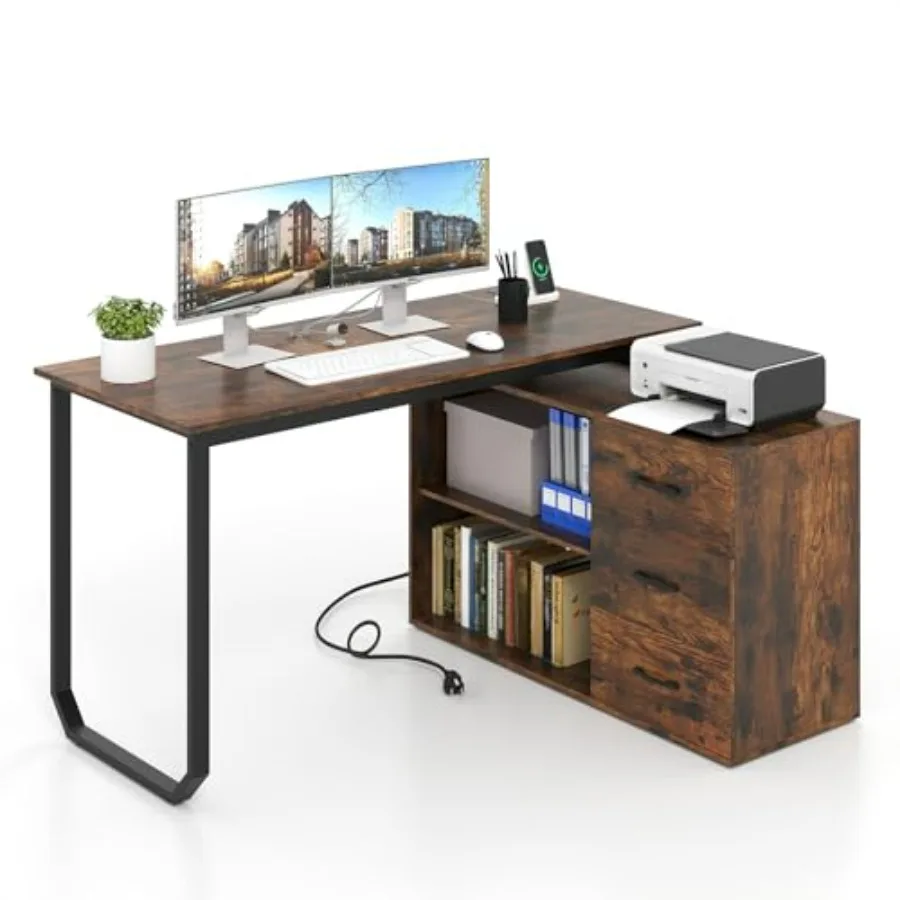 

55 Inch L-Shaped Corner Desk with Charging Station and 3 Drawers Adjustable Shelf Rustic Brown Computer Workstation for Small H