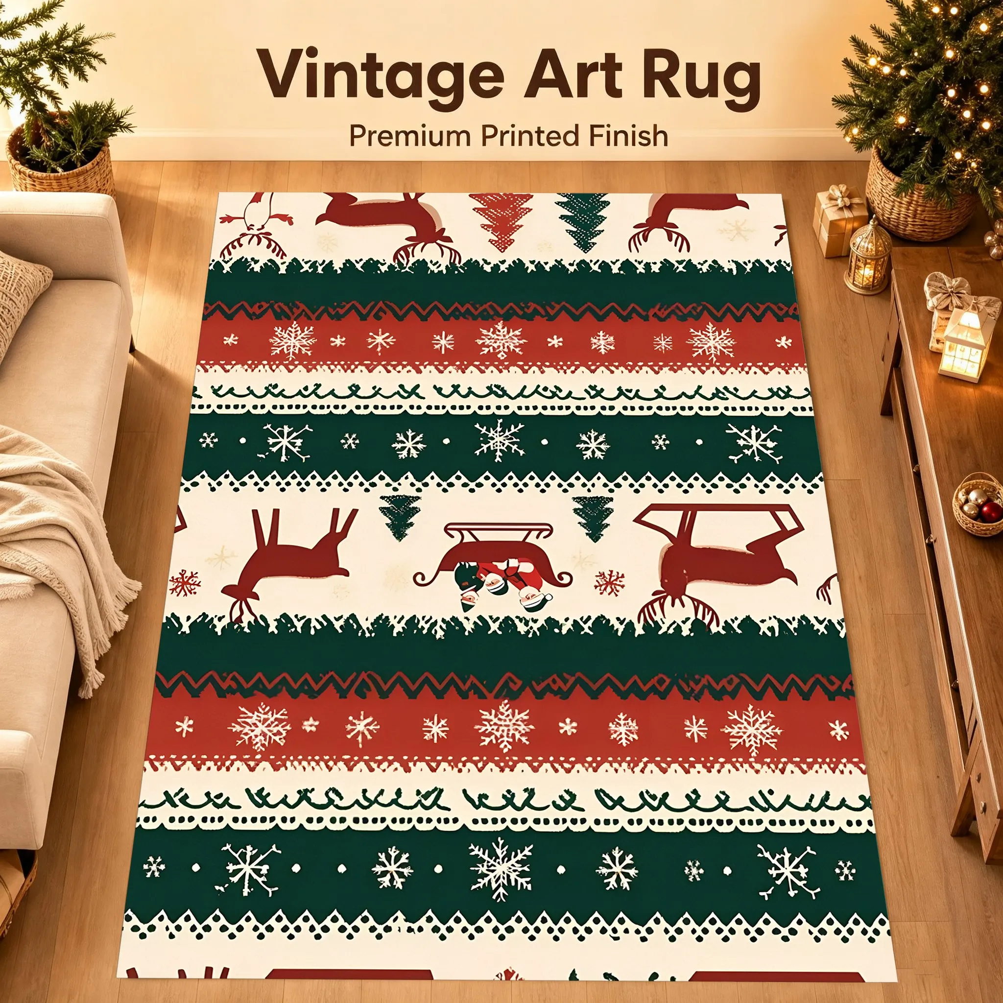 Fair Isle Style Reindeer Snowflake Christmas Tree Pattern Retro Nordic Christmas Velvet Rug, Suitable for Living Room, Bedroom, Bedside, Autumn and Winter Soft Furnishings, Warm and Cozy Atmosphere
