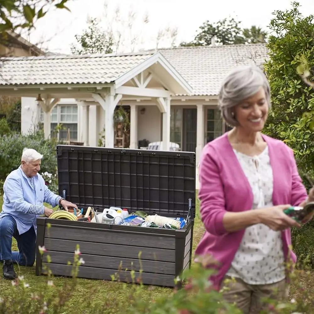 Outdoor Storage Deck Box, Patio, Backyard & Garden, 120 Gal, Brown - Lockable, Organizing, Waterproof Plastic Container Bench