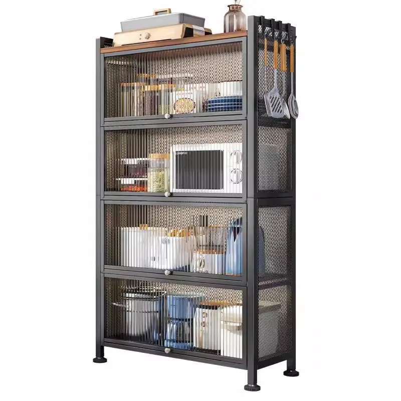

Kitchen rack multi-layer with cabinet door against wall crevice storage cabinet steel bookshelf display cabinet