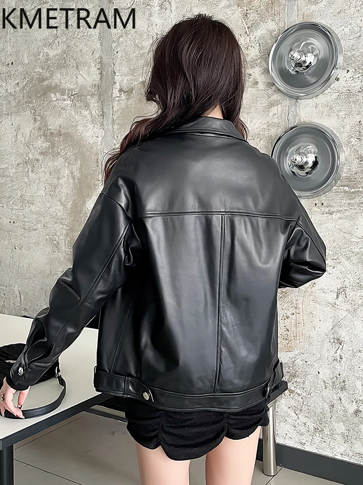Damska kurtka motocyklowa ze skóry owczej licowej, czarna, skórzana, nowa kolekcja odzieży wierzchniej na jesień 2025, дубленка