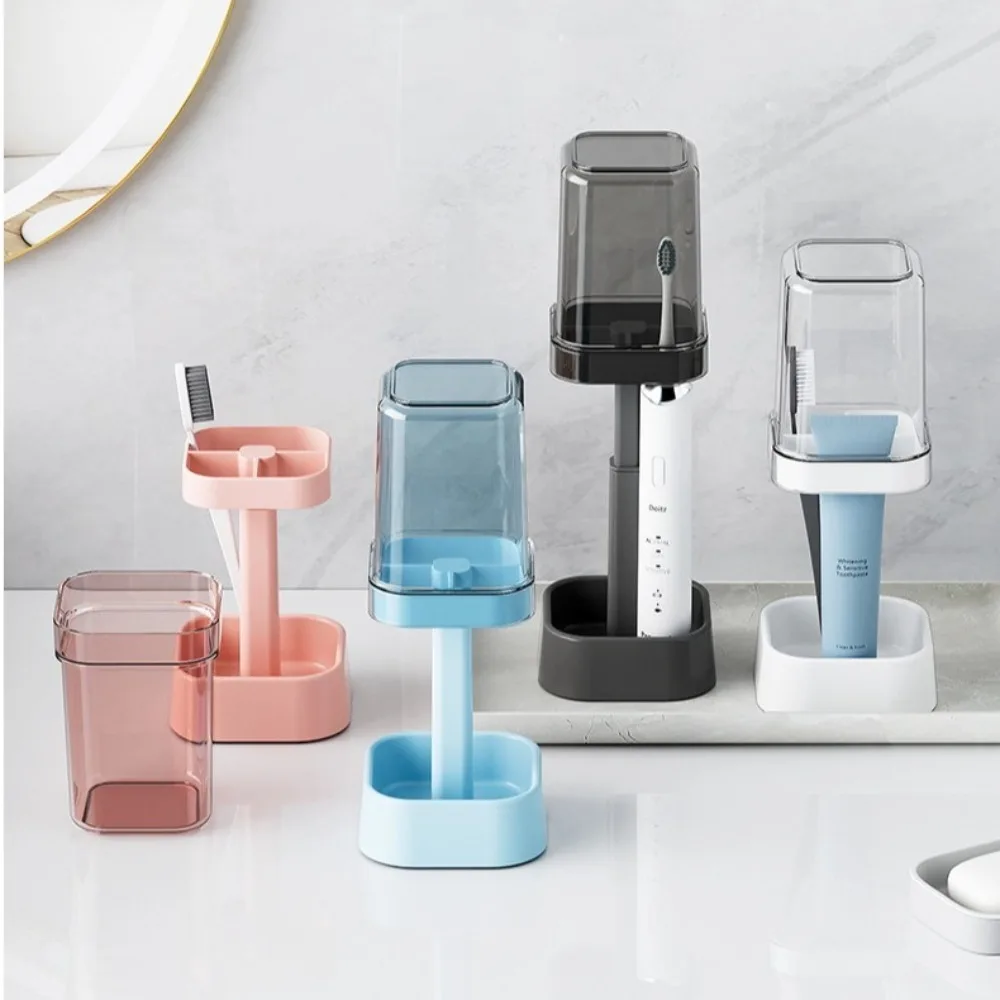 Fashion Adjustable Height Toothbrush Holder with Lid Dustproof Mouthwash Cup Dust Drainage Toothbrush Organizer Bathroom