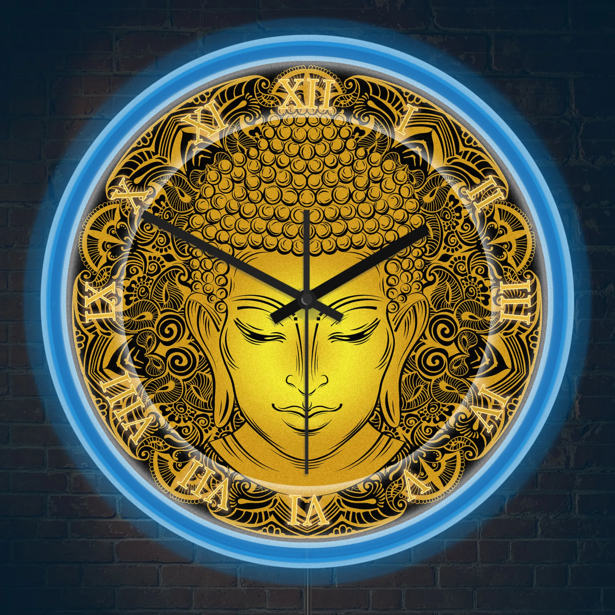Golden Buddha Portrait Mandala Neon Wall Clock Religious Spiritual Ornament For Yoga Studio LED Night Light Clock Glow in Dark