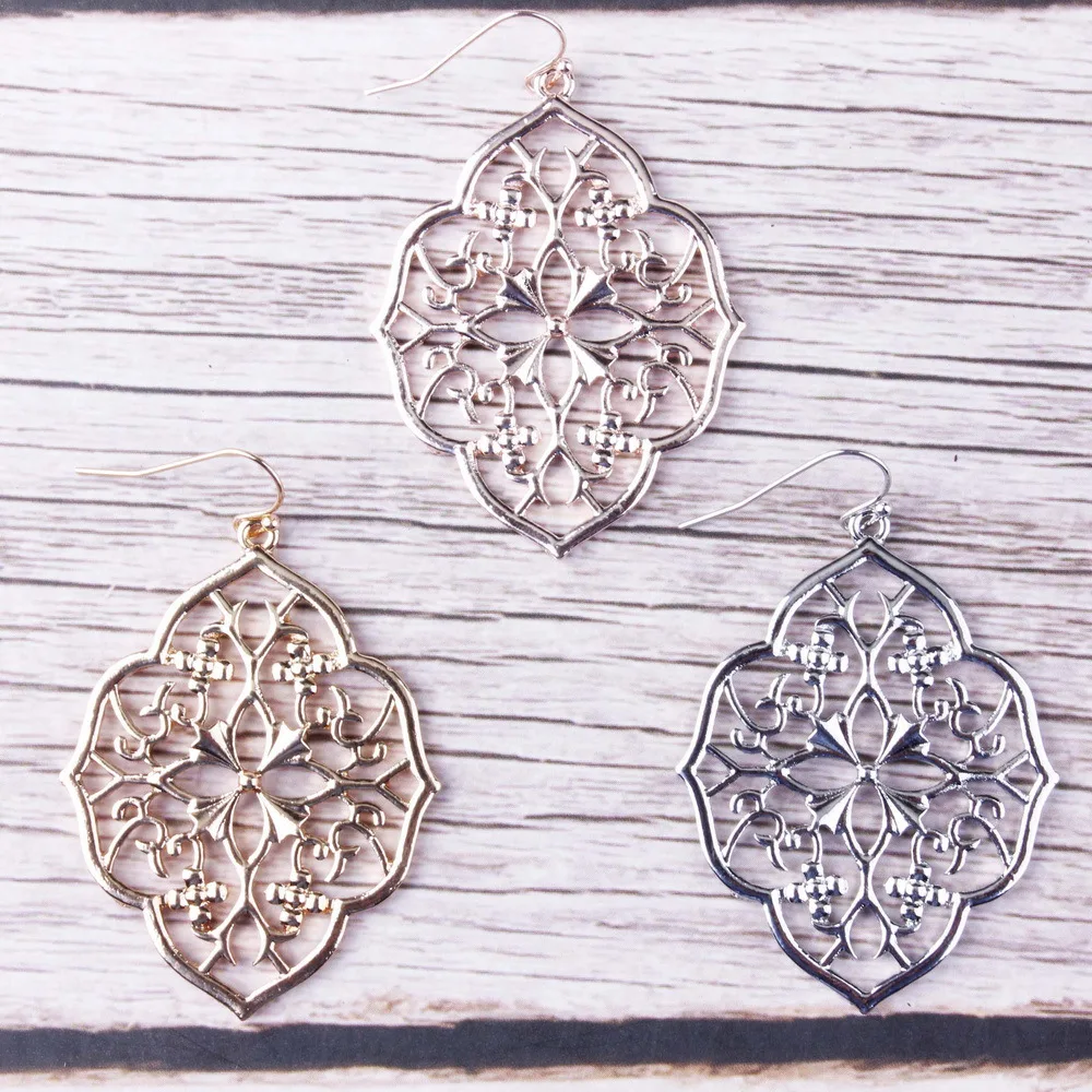 Rose Gold Silver Plated Metal Hallow Out Quatrefoil Floral Geometric Statement Hook Earrings Women Jewelry Gifts