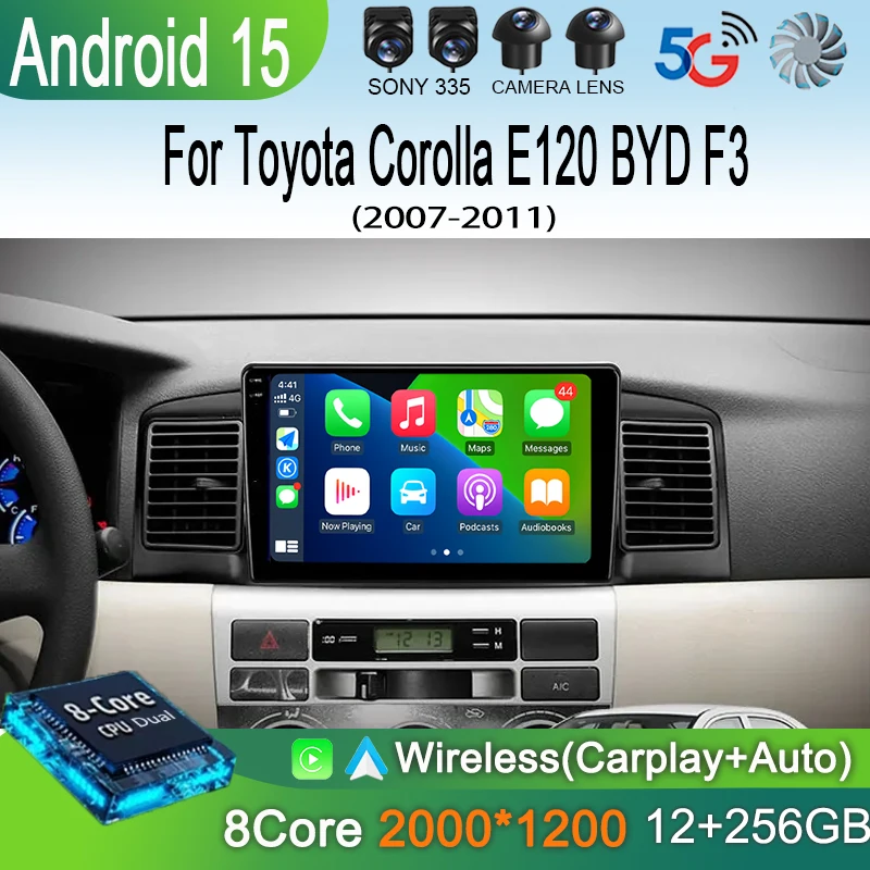 "أندرويد 15 لتويوتا كورولا E120 BYD F3 2007 - 2011 راديو السيارة الملاحة مشغل وسائط متعددة ستيريو نظام تحديد المواقع واي فاي + 4G DSP Carplay + Aut #1