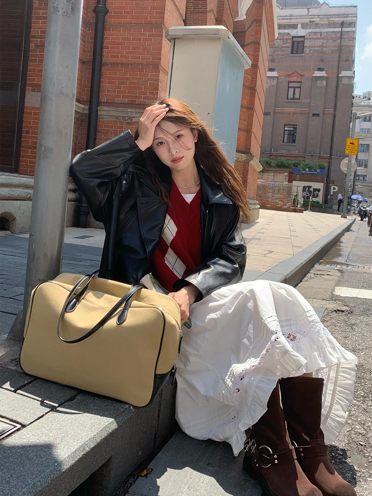 Rodeo clássico duplo breasted longo jaet retro solto terno feminino colarinho casaco de couro primavera outono versátil outerwear