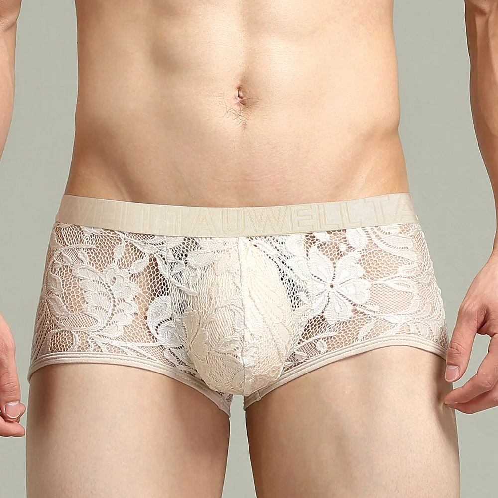 2025 men's lace boxer panties men's lace mesh boxer pants batch solid color 23204