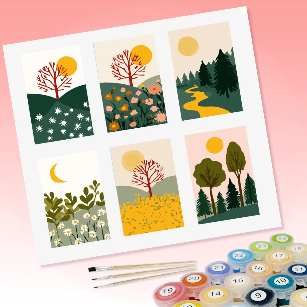6 Stücke DIY-Malereien mit Motiven von großen Bäumen, Sonne-Mond, Natur und Leben, geeignet zur Wanddekoration im Haus. – Detail 1