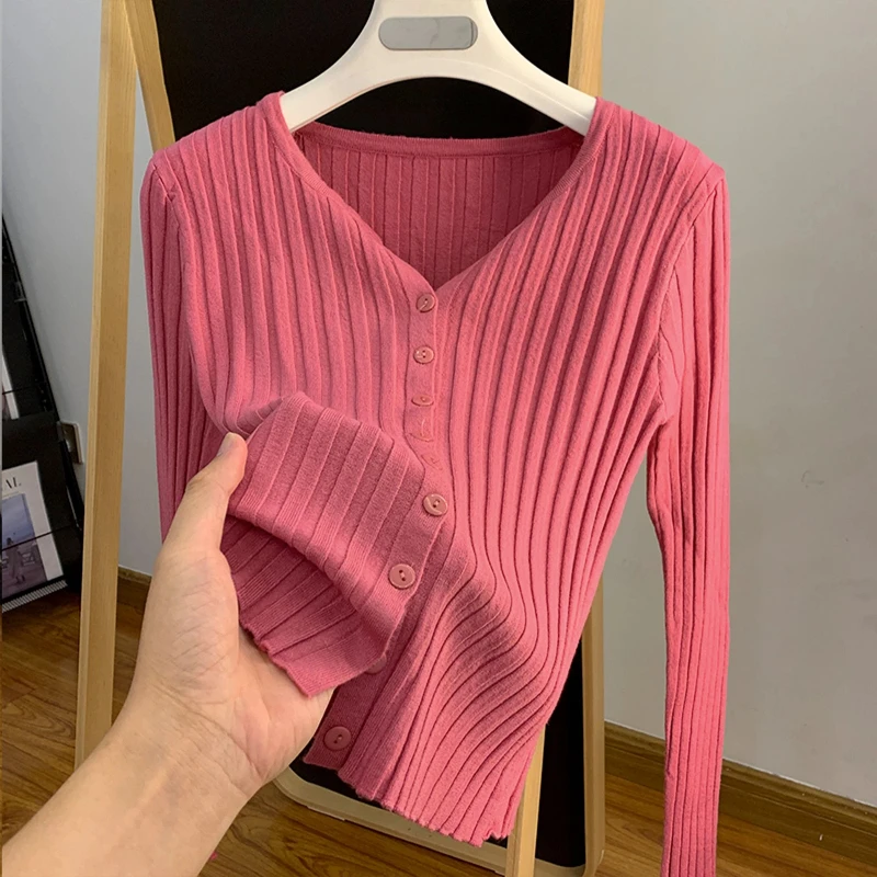 เสื้อคาร์ดิแกนถักแขนยาว คอวี เรียบหรู สไตล์เกาหลี สำหรับฤดูใบไม้ผลิและฤดูใบไม้ร่วง แฟชั่นเสื้อผ้าผู้หญิงสไตล์เกาหลี