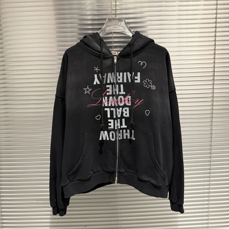 Grailz Project G/R Washed Vintage Rhinestone Letter Print Zipper Hoodie Men Women Black Loose Streetwear Casual Hooded Pullovers