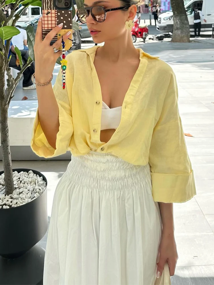 HH-Camiseta corta de manga ancha de lino para mujer, blusa holgada informal de un solo pecho, ropa de oficina elegante para mujer 2025