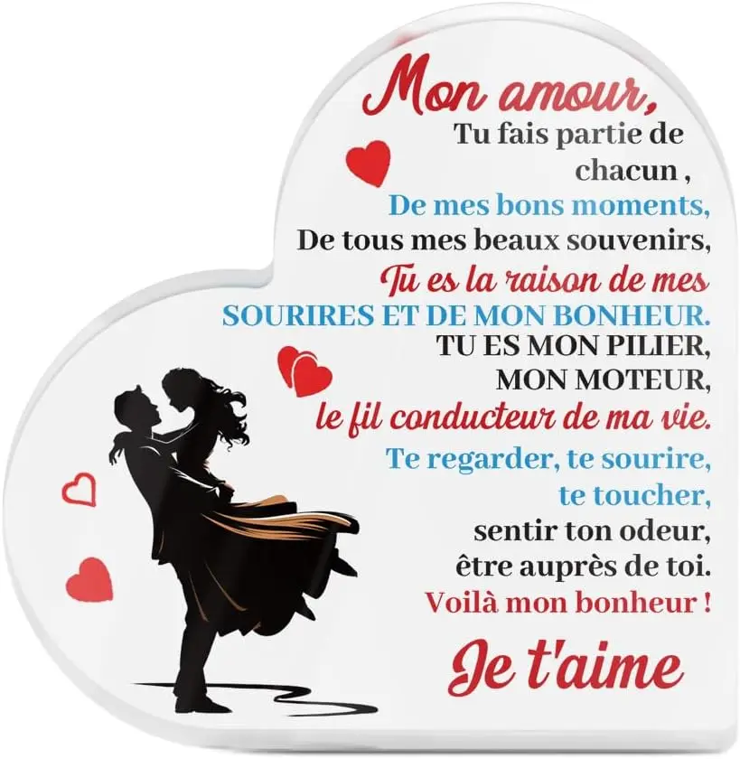 Je T'aime French Confession Heart Acrylic Tabletop Plaque Anniversary Sentimental Gift For Lover Partner,Heart‑Shaped Acrylic Plaque Mon Amour French Love Quote Dancing Couple Silhouette Freestanding Romantic Keepsake Gift