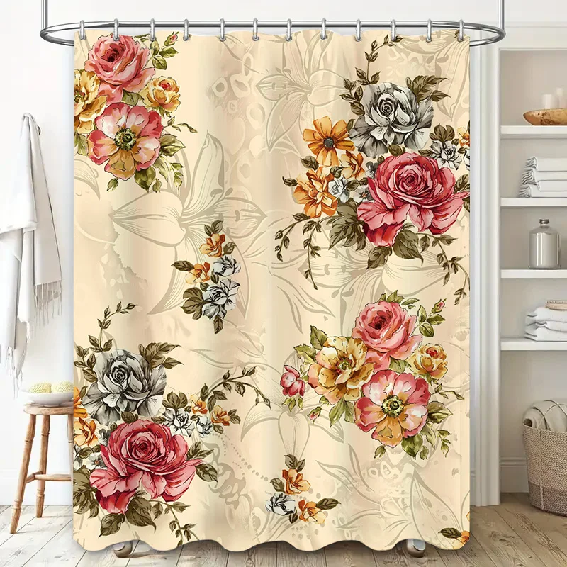 Eleganter Duschvorhang mit Vintage-Blumendruck, hochwertiger wasserdichter Stoff für Badezimmerdekoration, moderne Heimdekoration in Weiß, Rosa