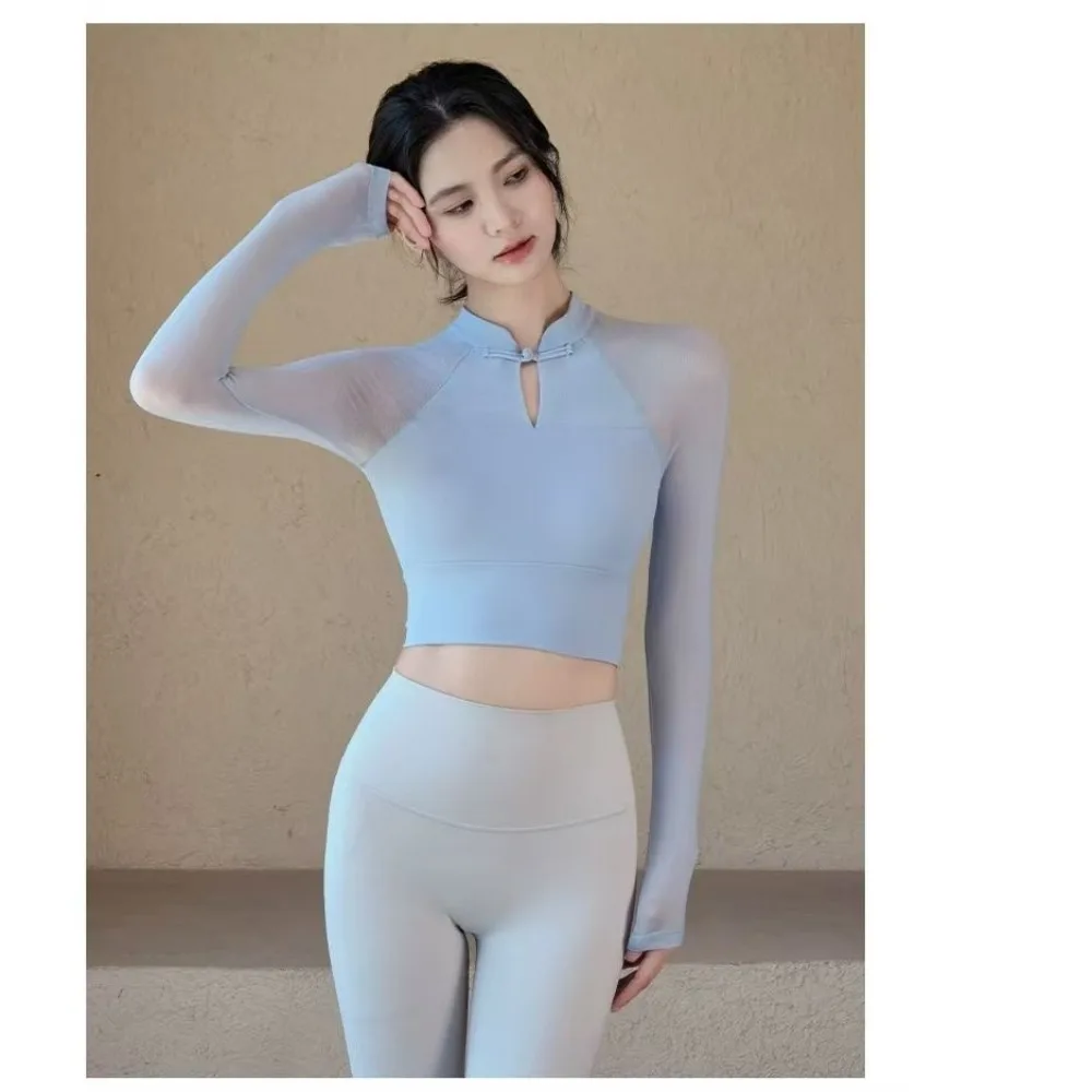 Latin Dancewear Top Elegant Mesh Spliced Long Sleeve Yoga Shirt With Chest Pad, Sport Training Wear For Stage Show&Performance