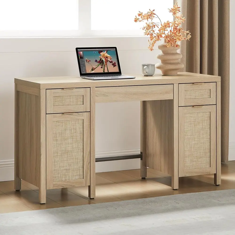 52 Inch Rattan Executive Home Office Desk with Storage 3 Drawers 2 Cabinets Boho Computer for Study Office