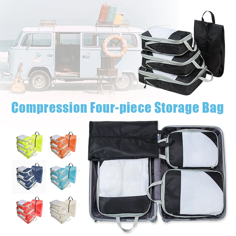 4pcs Set Compressed Storage Organizer Mesh Visual Luggage Portable Packing Cubes Lightweight Waterproof Travel Suitcase Bag