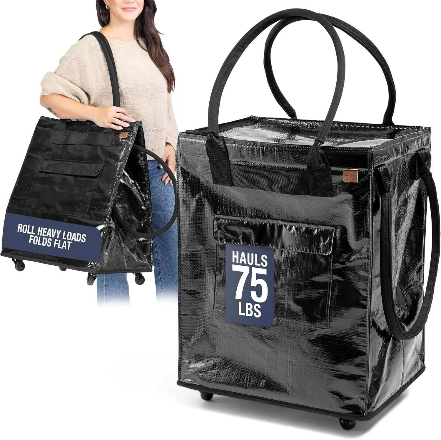 

Collapsible 90L Rolling Tote Bag with Wheels, Portable Shopping Cart for Groceries, Laundry, and Organization, Heavy Duty