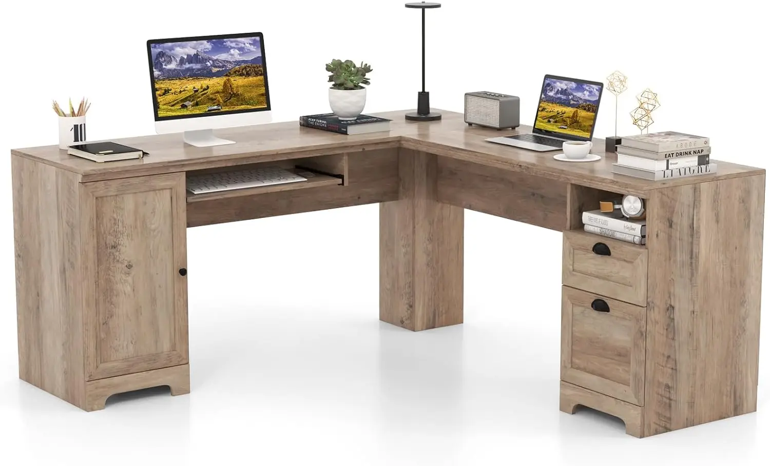 

66" x 66" L-Shaped Office Desk with Keyboard Tray, Spacious Corner Computer Desk with Storage Drawers & Cabinet