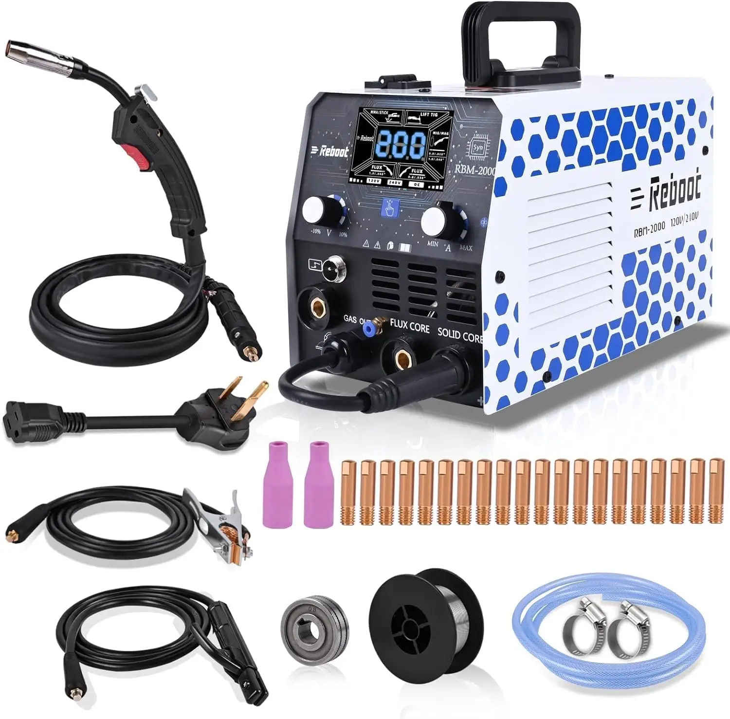 

200A MIG Welder 120V/240V 5-in-1, Flux Core & Gas MIG, TIG, Stick, Spot Welding with Dual Voltage LED Display