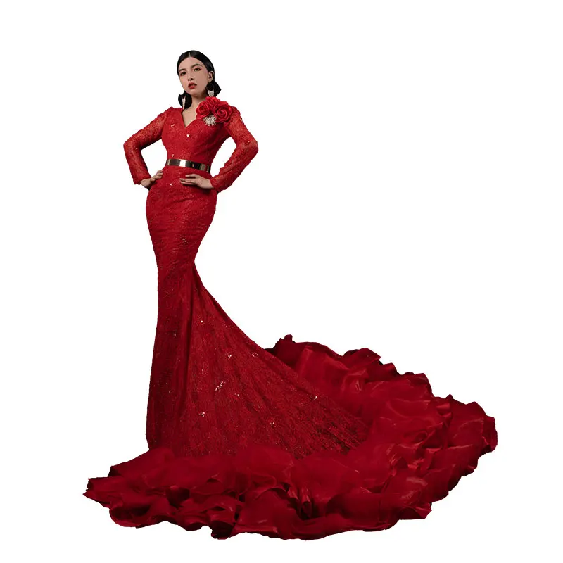 Abito di lusso a coda grande abito elegante rosso perline con borchie in pizzo abito da festa regina Performance Host gonna a sirena Slim Fit H1124