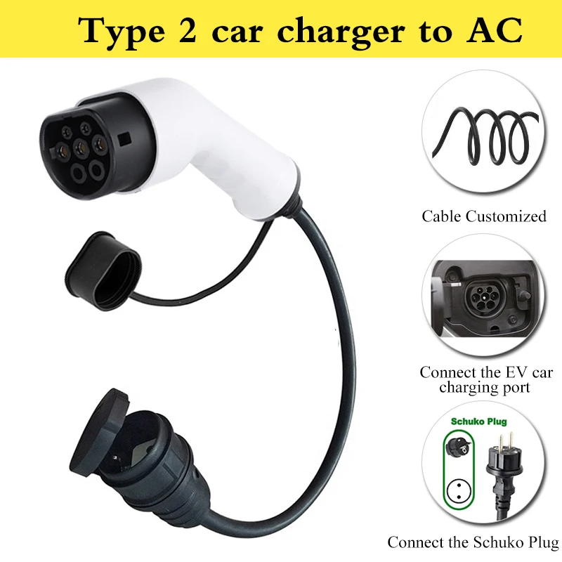 

Type 2 car charger to AC Adapter 16A Male Female Type 2 to schuko Socket 0.5M For EV charging station e-bike