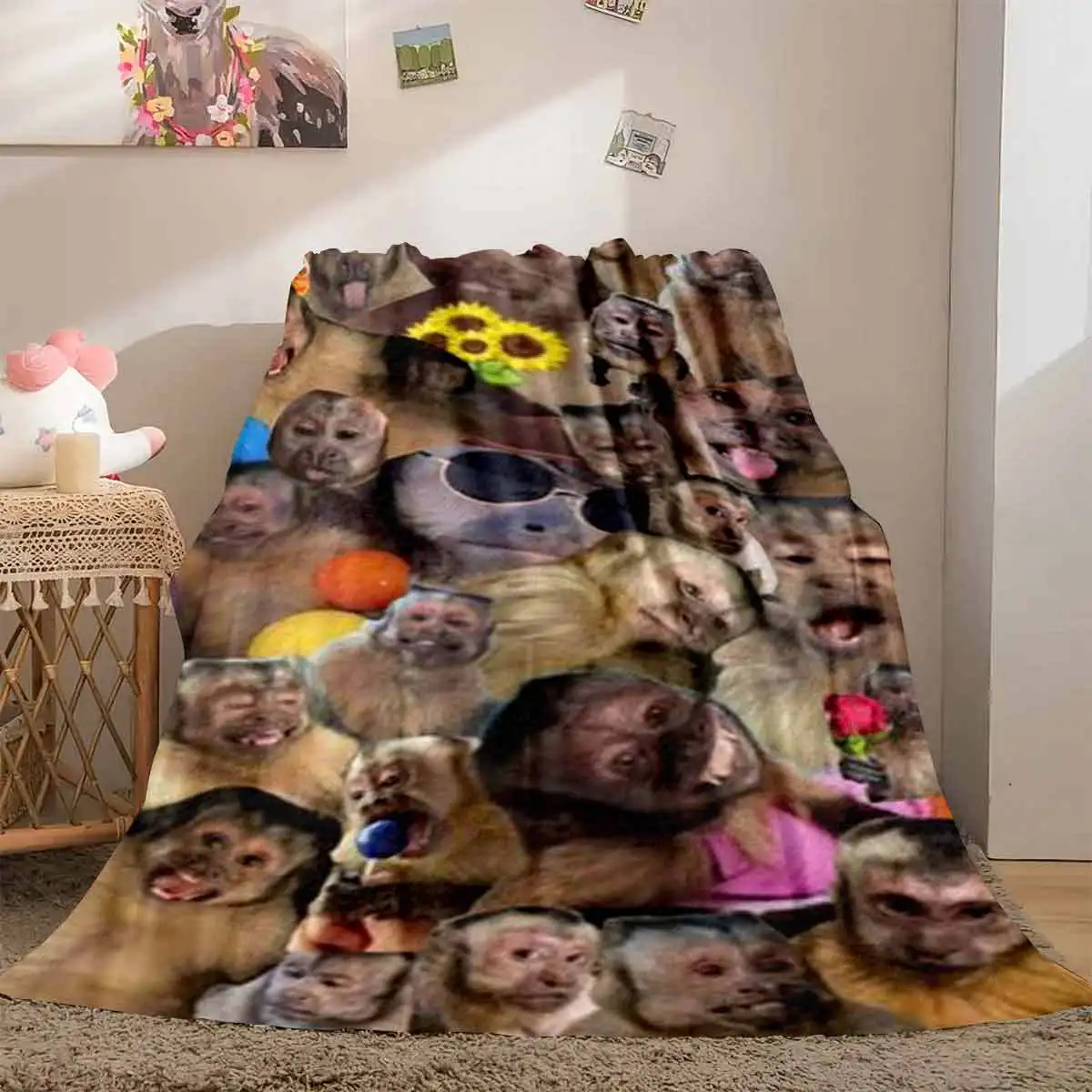 Funny Monkey Meme Collage Flannel Throw Blanket,Mixed Capuchin Monkey Faces Soft Warm Blanket Sofa Bed Home Decor Gift Ideas Now