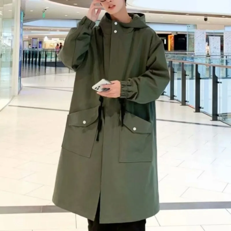 KIDWHXR Kapuzen-Windbreaker für Herren, Einfacher Einfarbiger Mittellanger Trenchcoat, Winddicht, Locker Geschnitten, Langarm, mit Taschen, Herren-Oberbekleidung – Detail 5