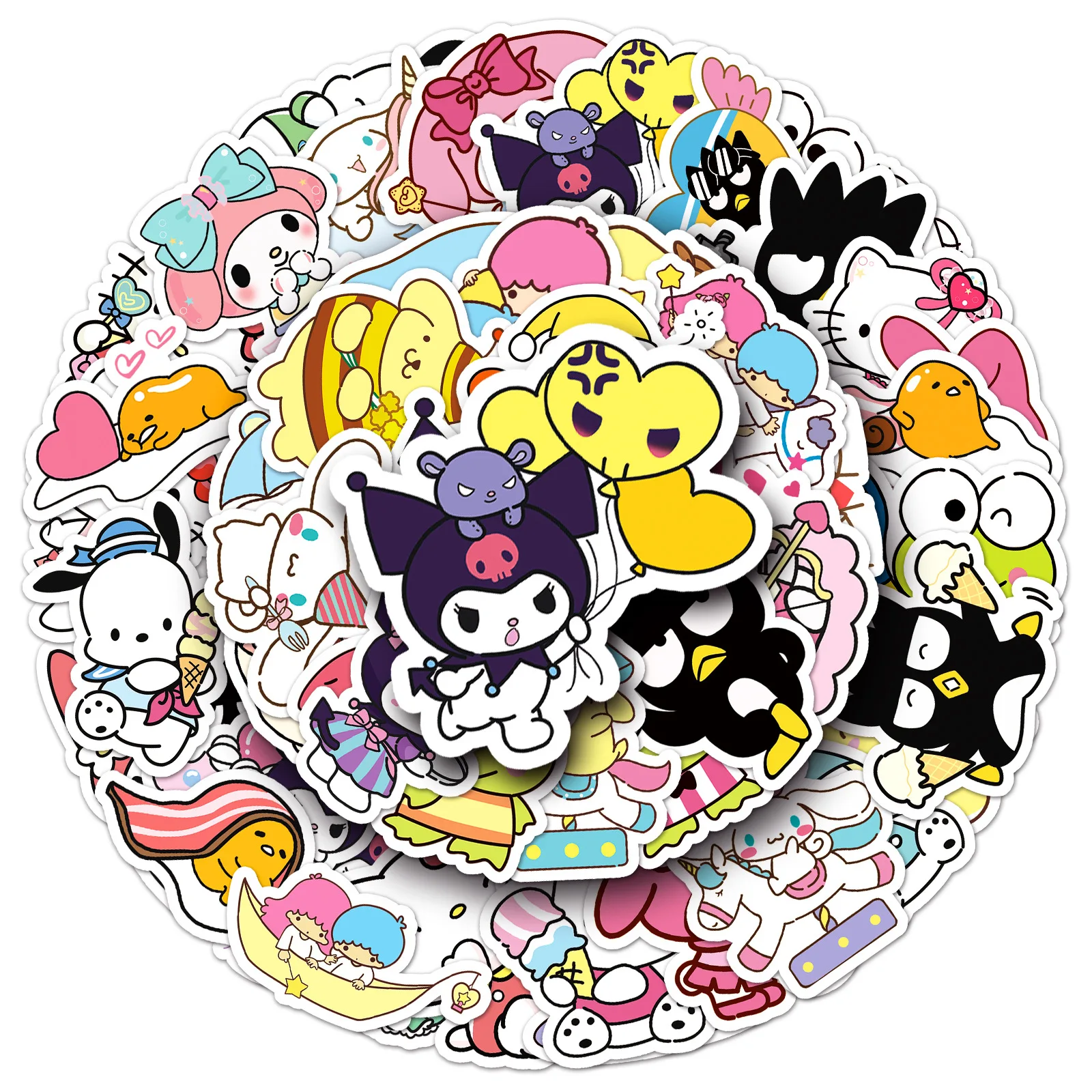 2024 New Variety of 50pcs Sanrio Family Cute Hello Kitty Kuromi Cinnamoroll Melody Children\'s DIY Bright Film Waterproof Sticker