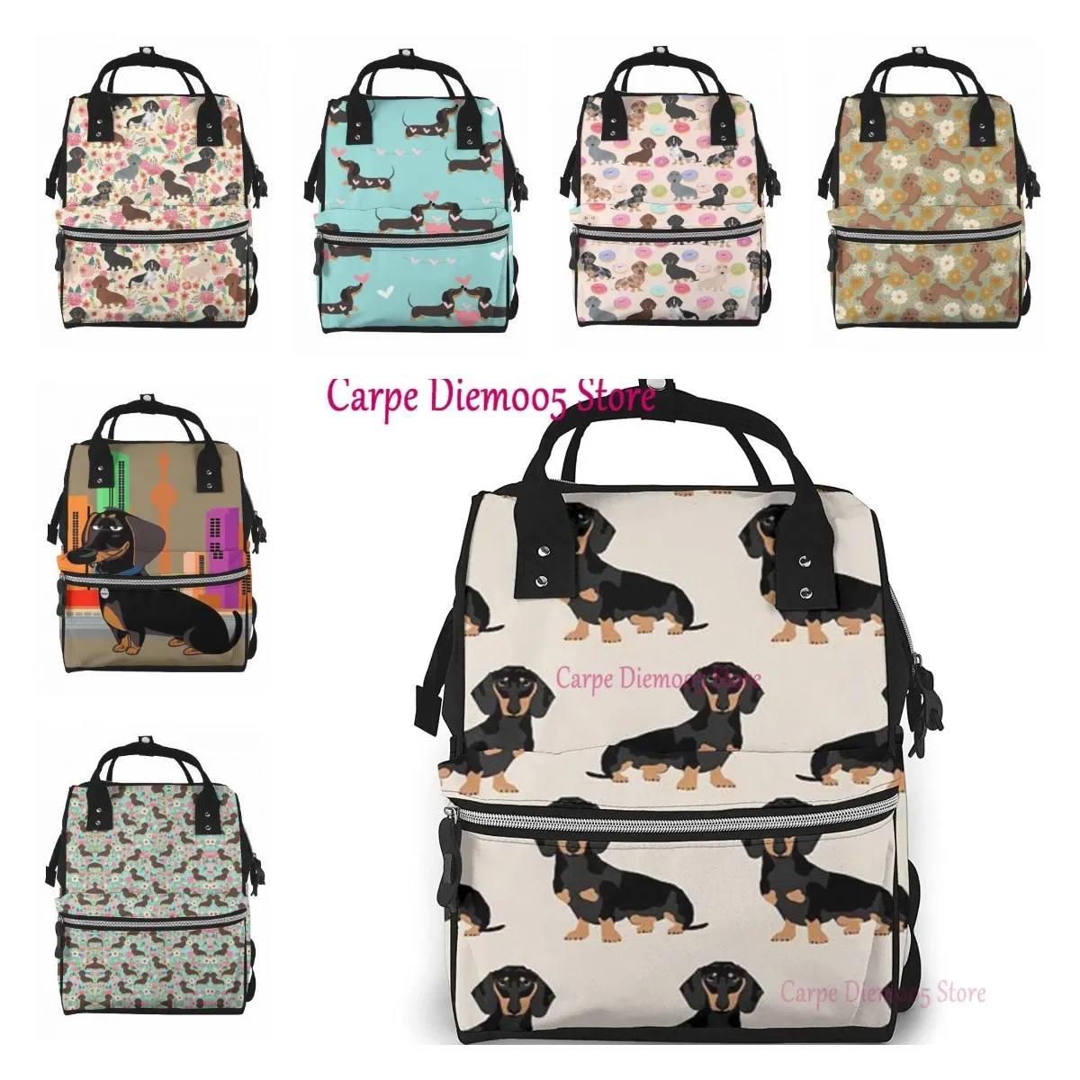 Dachshund Dog Printed Mummy Backpack Diaper Bag Multi-Function Maternity Nappy Bags, Kid Bag with Laptop Pocket,Stroller Straps