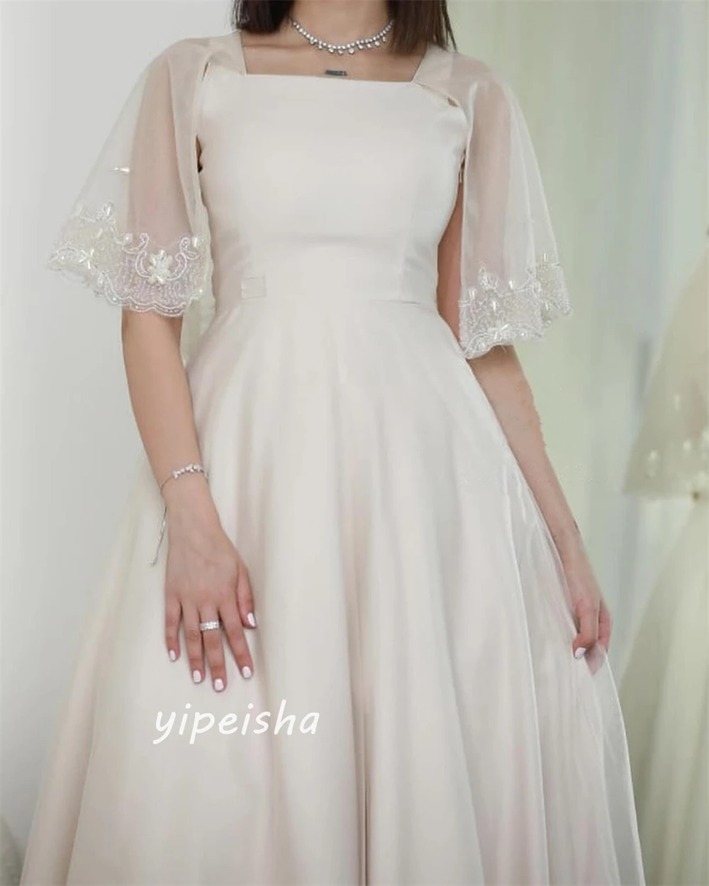   Satin Embroidery Wedding Party Ball Gown O-Neck Bespoke Occasion  Midi Dresses